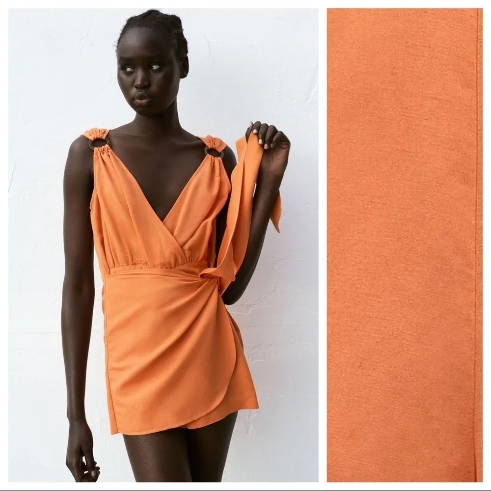 NWT. Zara Orange Crossover Tied Wrap Short Jumpsuit with Bow. Size S.